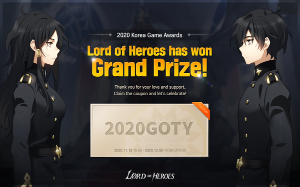 [Notice] Lord of Heroes has won a Grand Prize in [2020 Korea Game Awards]!